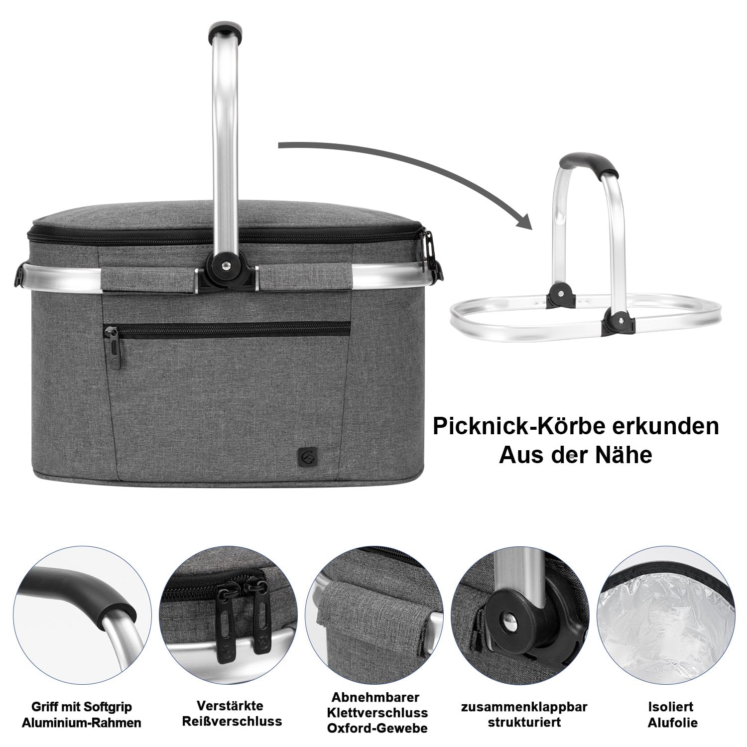 ALLCAMP Faltbar Isoliert Kühltasche - Einkaufskorb Thermo Mit Deckel, Abnehmbarer Picknickkorb 2 Personen, Aluminiumrahmen Kühlkorb, Verdicken Thermokorb