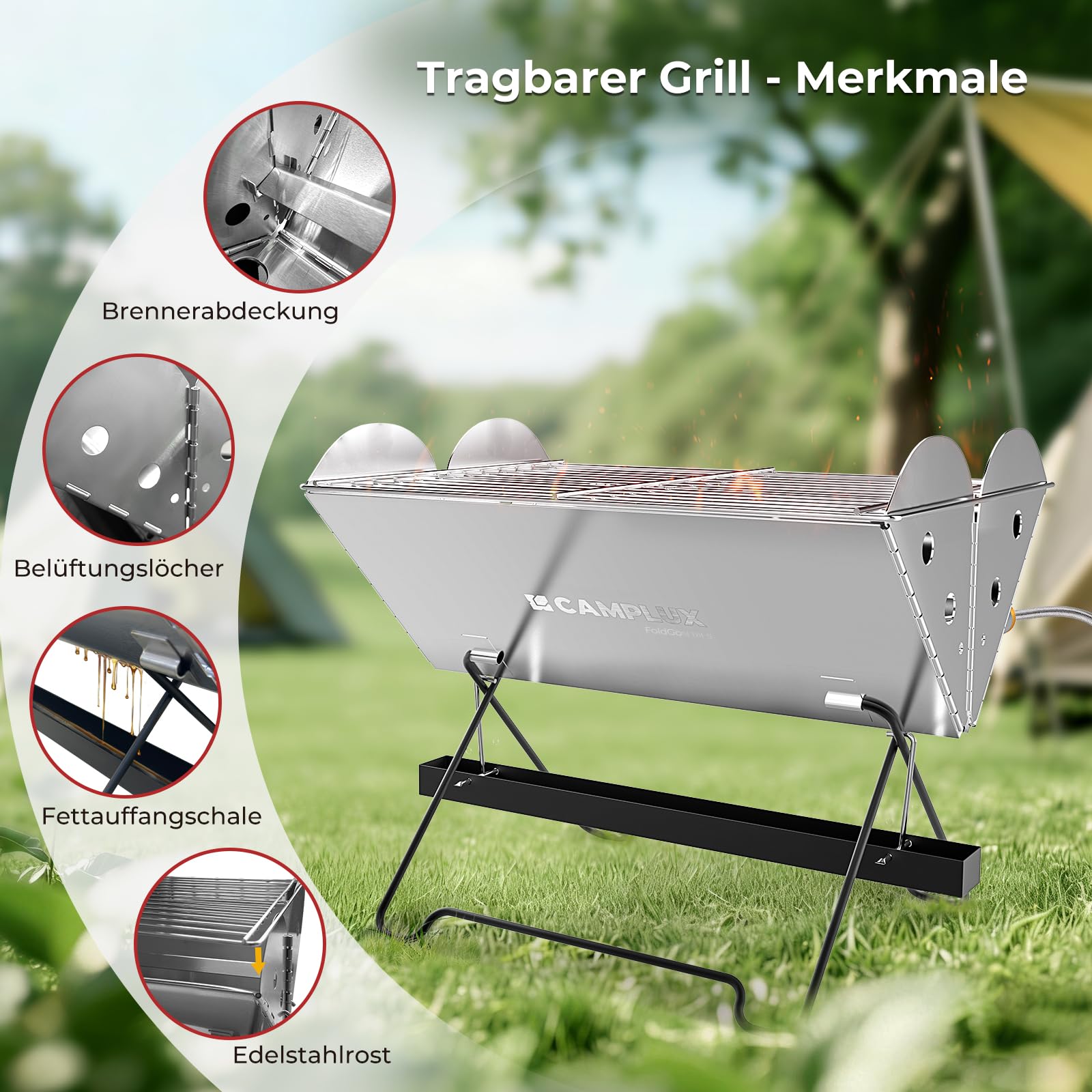 CAMPLUX FoldGo mały, składany grill kempingowy z torbą do przenoszenia, grill ze stali nierdzewnej, zasilanie gazem i węglem drzewnym, przenośna kuchenka gazowa do użytku na zewnątrz i w podróży