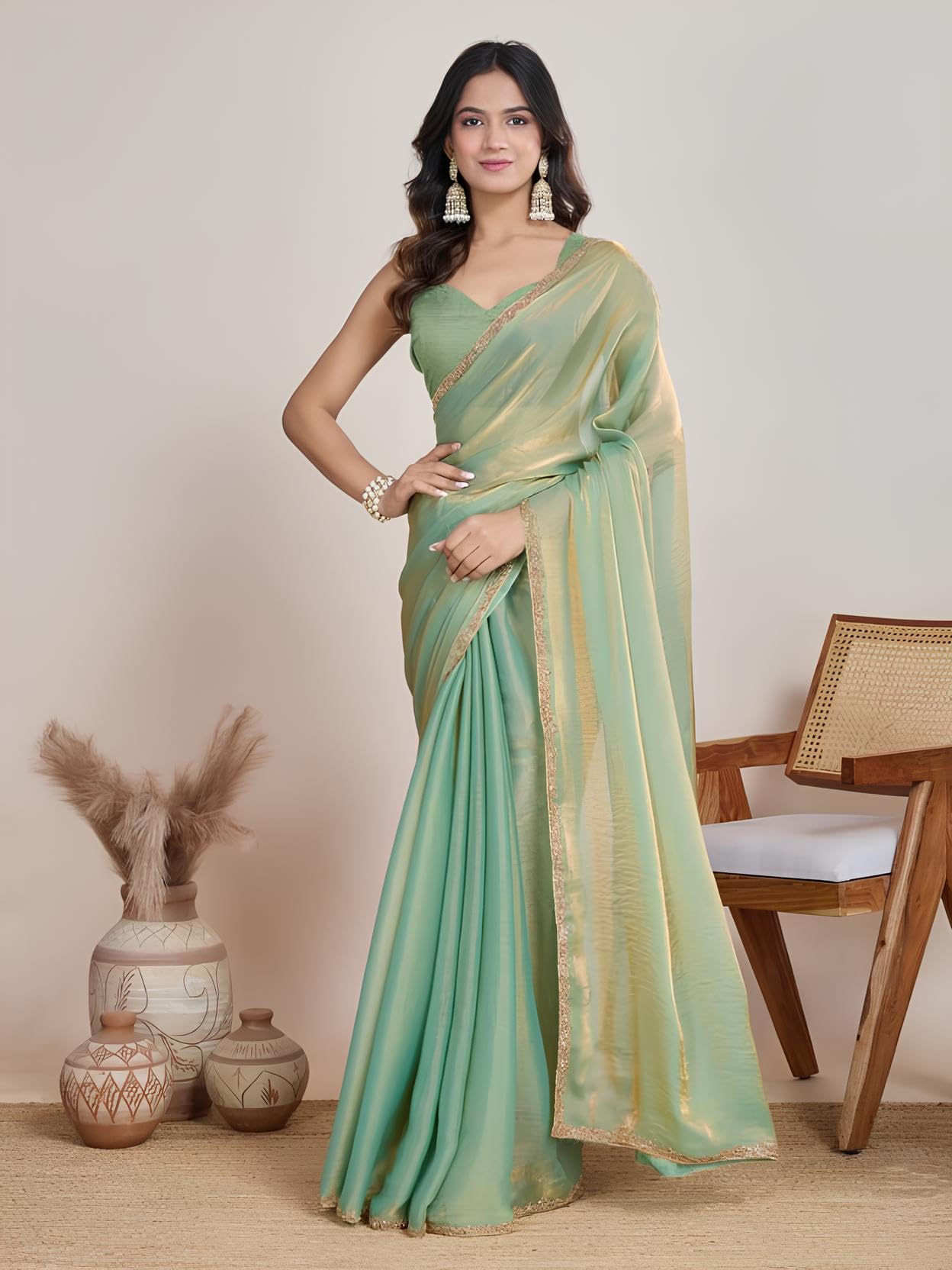 Sidhidata Women's Soft Zimmy Choo Fandy Silk Saree With Hand Work Lace Boarder & Comes With Unstitched Blouse Piece (Chhaava Pista_Pista_Free Size) - Image 2 thumbnail