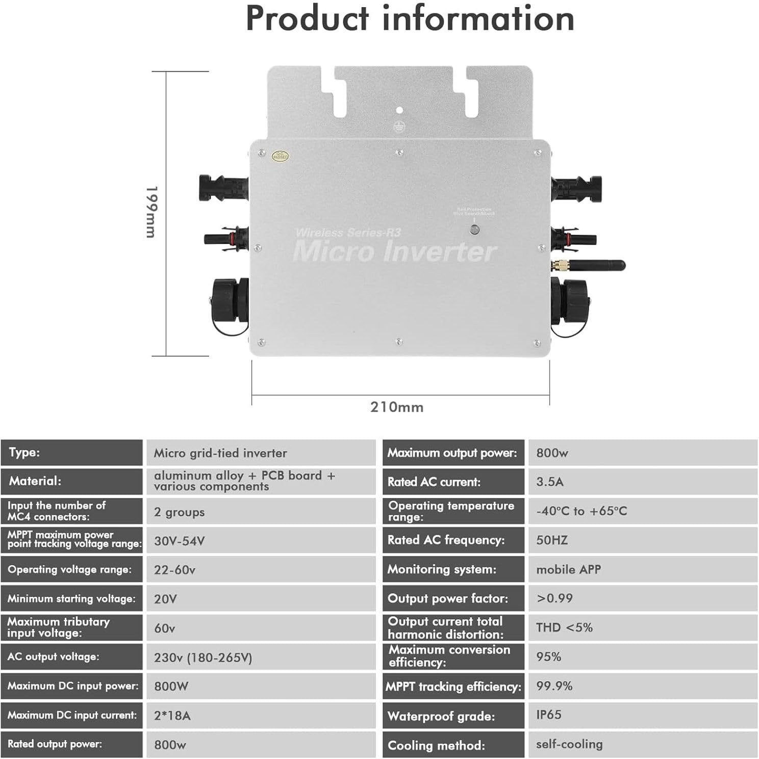 Micro Inverter, Inverter Solare, Micro Inverter, Micro Inverter Solare, Micro Inverter Solare Convertitore Mppt IP65, Inverter Solari Ca 85-280 V (Collegati Alla Rete) Moduli Fotovoltaici,WVC-800W