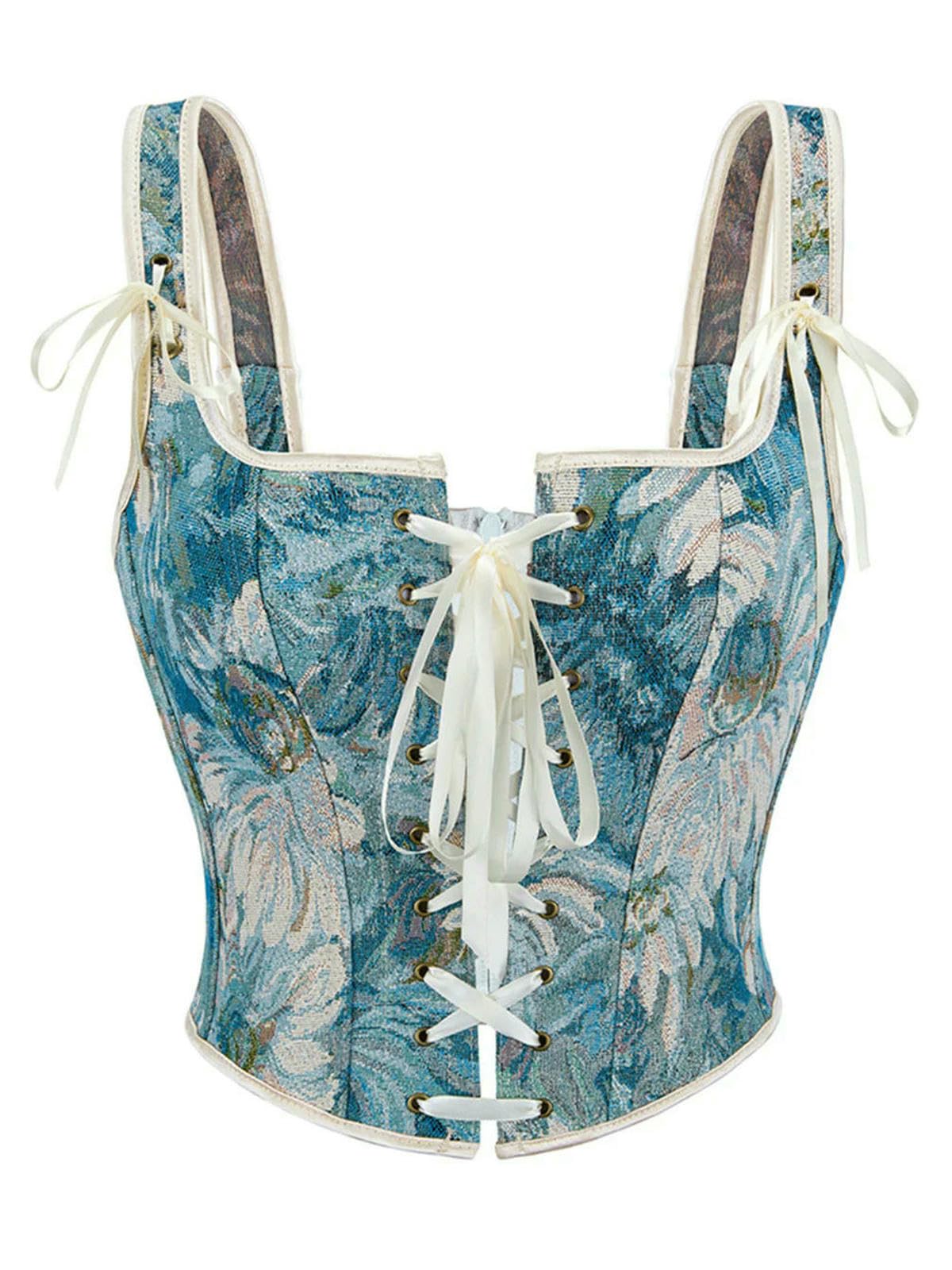 Ceinture amincissante Femme Corsetti da Donna Bustini con Lacci Floreali Tracolla Bustier Jacquard Abiti Casual-Azzurro-m