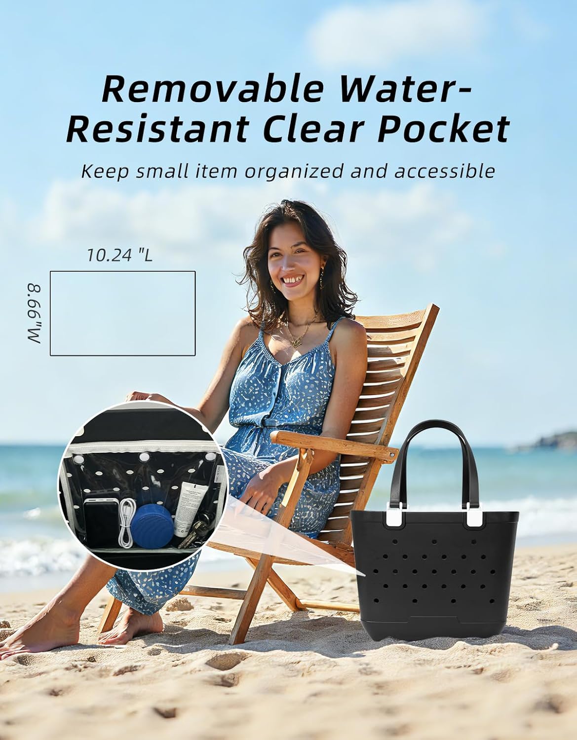 Beach Bag - Large Sandproof Rubber Tote with Waterproof Pocket for Travel & Pool – 18.5" L x 9.45" W x 13.39" H