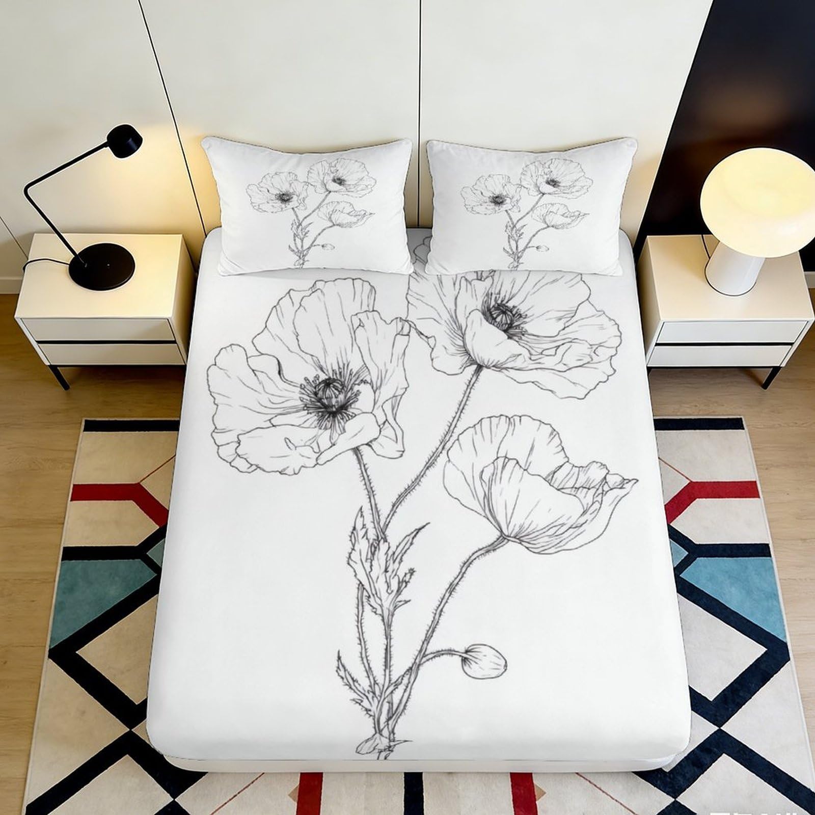 Dhbaneiok Style-8 3D Printed Black White Poppy Flower Fitted Sheet Microfiber Soft Bed Cover For Bedroom Guest Room Dorm Mattress Protection Decor 90X200x25cm