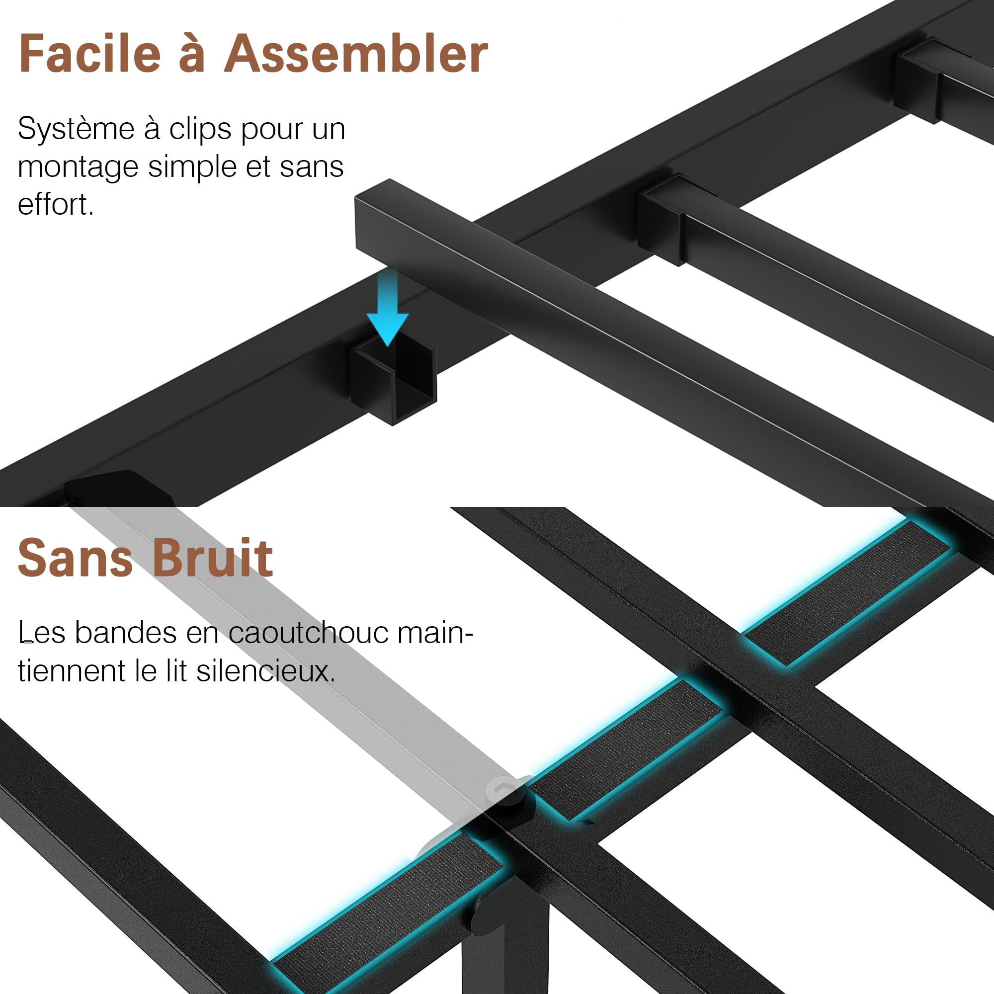 VECELO Cadre de Lit 90x190 cm avec Sommier Métal, Montage Facile, Espace de Rangement de 32 cm pour Petits Espaces, Chambre d’Amis, Chambre Ado, Noir