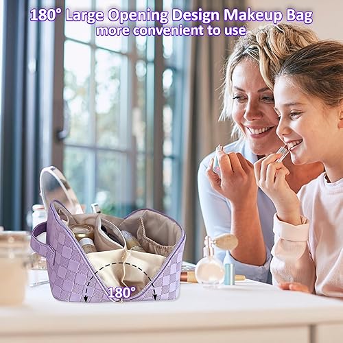 Miniatura 2 de IMENE Bolsa de maquillaje de viaje, 2023 Bolsa de maquillaje portátil a cuadros para mujer, bolsa de cosméticos impermeable de piel sintética con