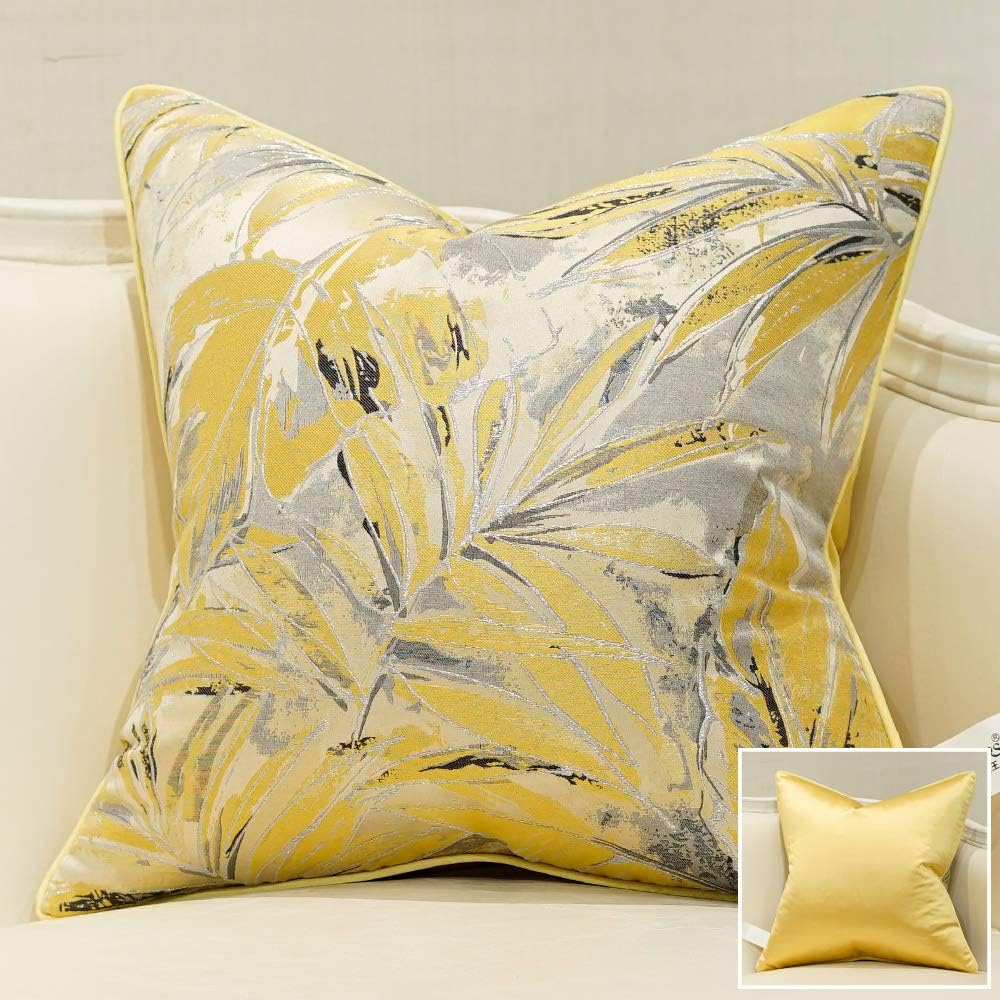 Avigers Square Cushion Covers High Precision Jacquard Modern Yellow Feathers Throw Pillow Case Shell for Couch Sofa Home Decoration 18 X 18 Inches