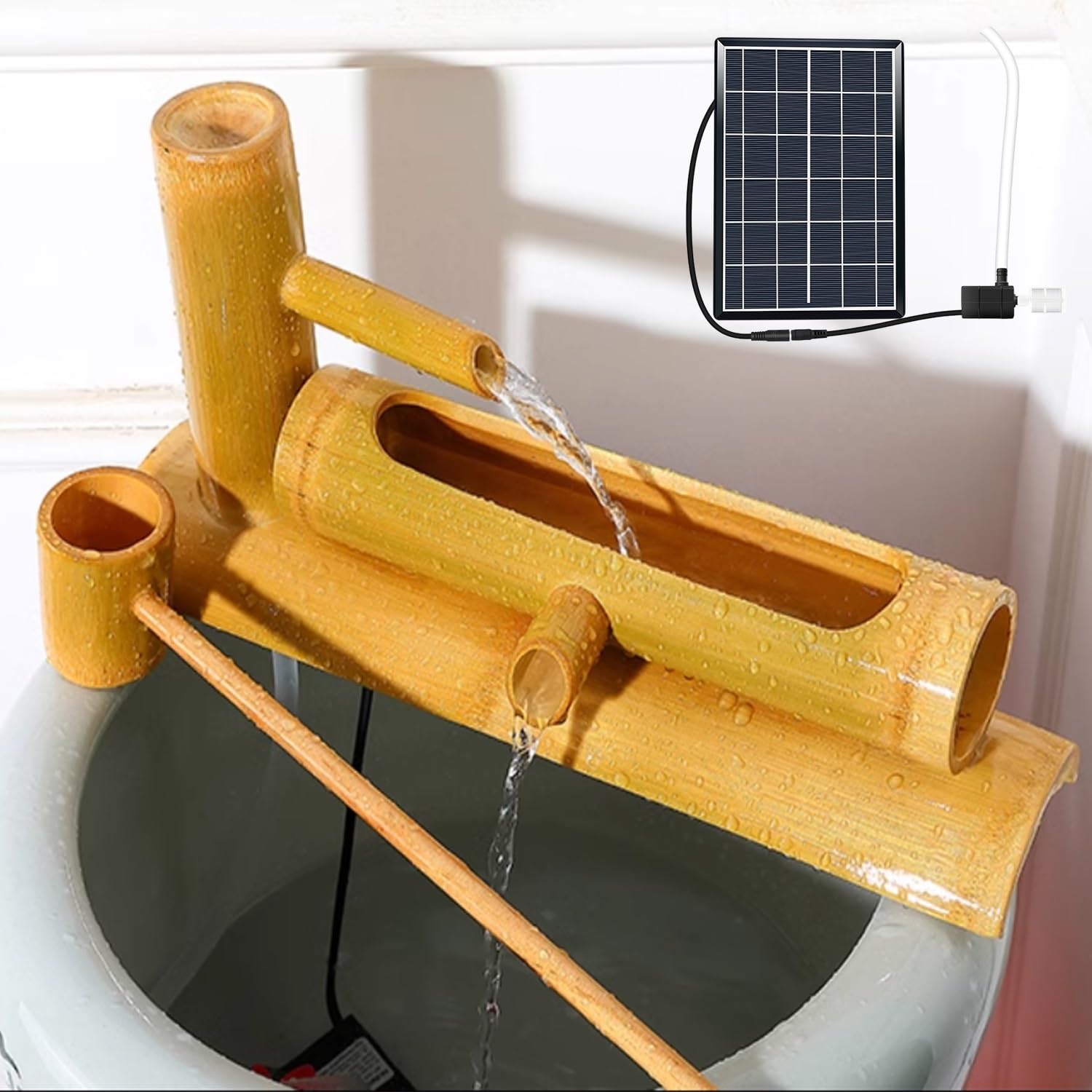 Bamboo Accents Fountain with Pump, Bamboo Solar Fountain, U-Shaped Sink, Natural Bamboo, for Backyard Pond(60cm) (One Color 70cm)