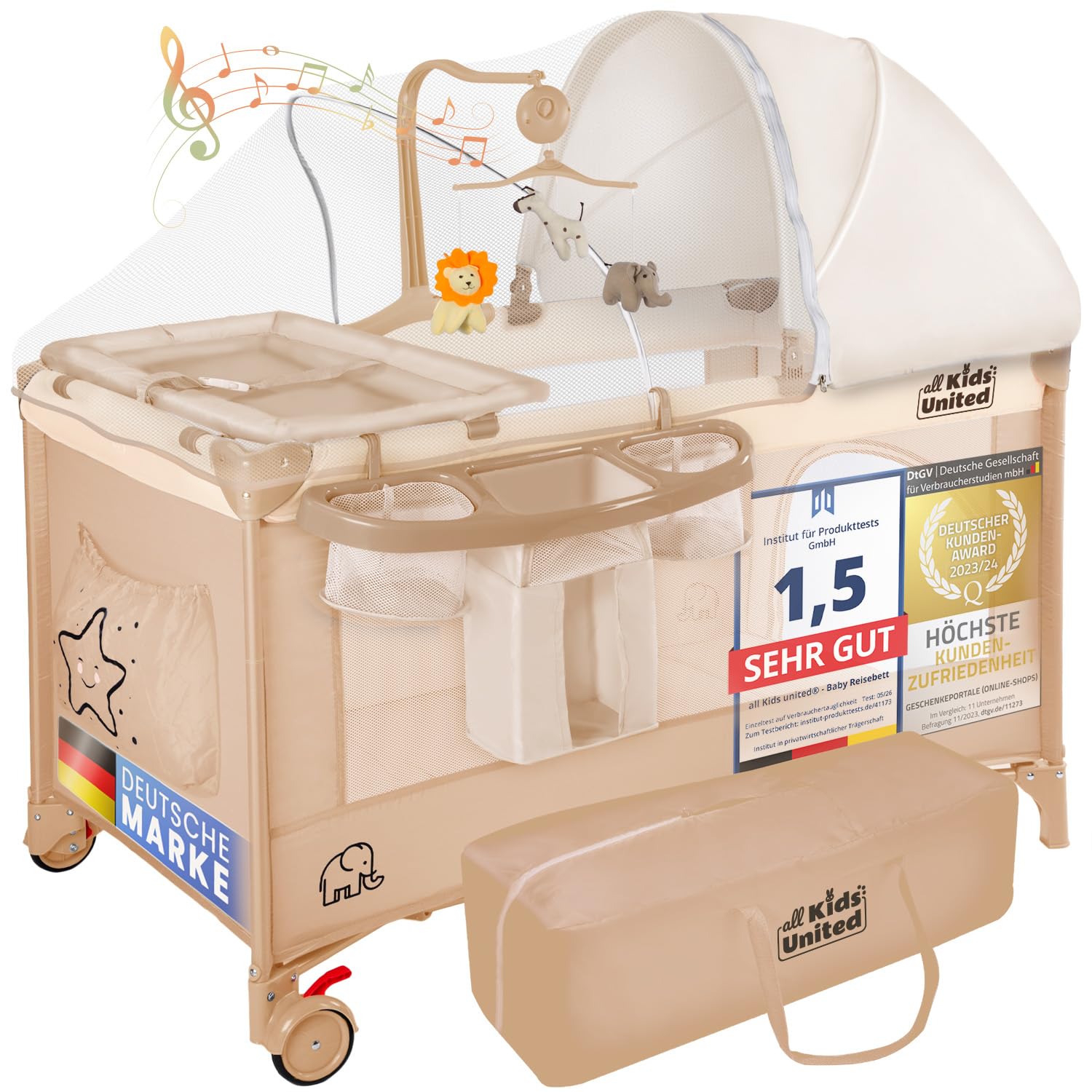 all Kids United® Cuna de Viaje para bebés - Centro para bebés Casa de Viaje Cuna con colchón, Cambiador, Juego de música y móvil (Beige)