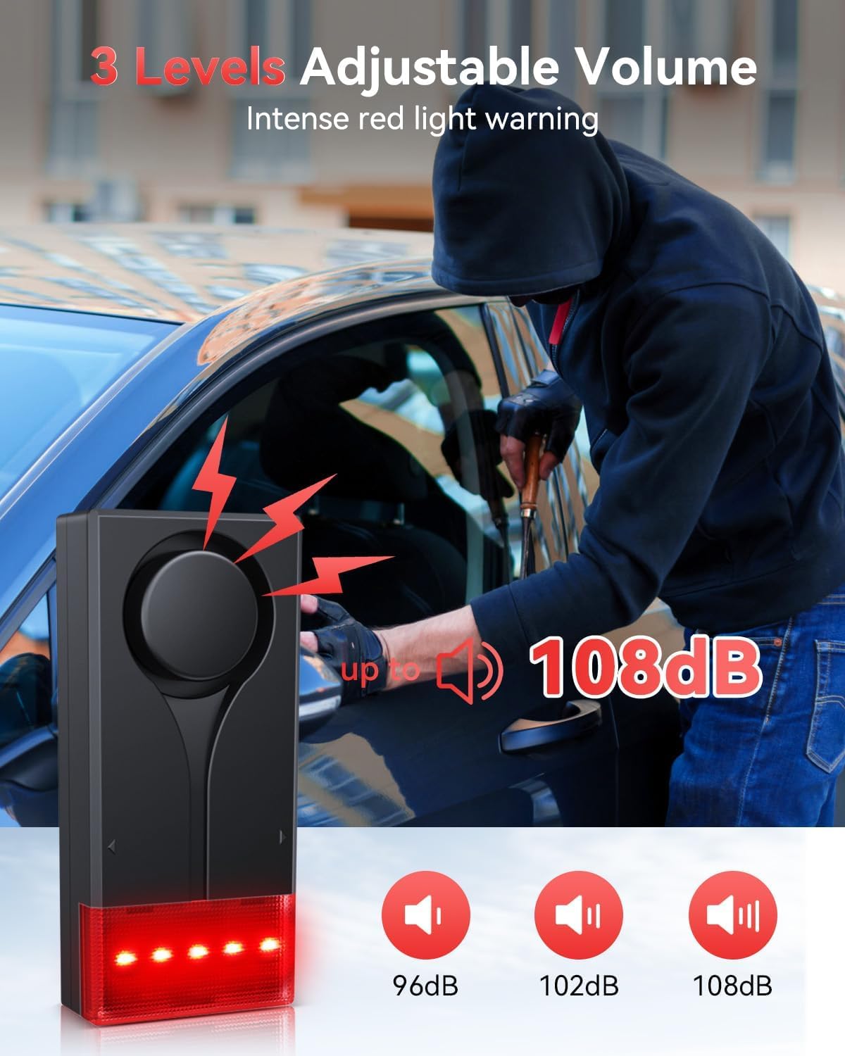 Auto-Vibrationsalarm mit Ton und Licht und Fernbedienung, ELECTOP 108 dB Auto-Diebstahlschutz-Vibrationsalarm, Diebstahlschutz-LED-Blinklicht, kabelloser Fahrzeug-Sicherheitsalarm mit 2 Stück Alarm