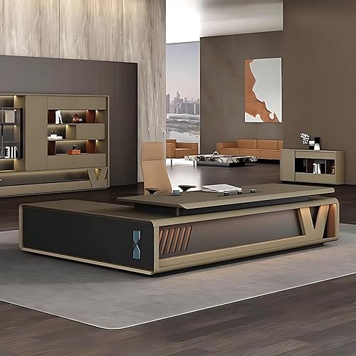 ZGNBSD Executive Desk - Luxury l Shaped Desk with Storage, Computer Desk with Drawers with LED Strip & Multi-Function Cable Box, Easy Installation (Brown, 141.7") - Brown - 141.7"