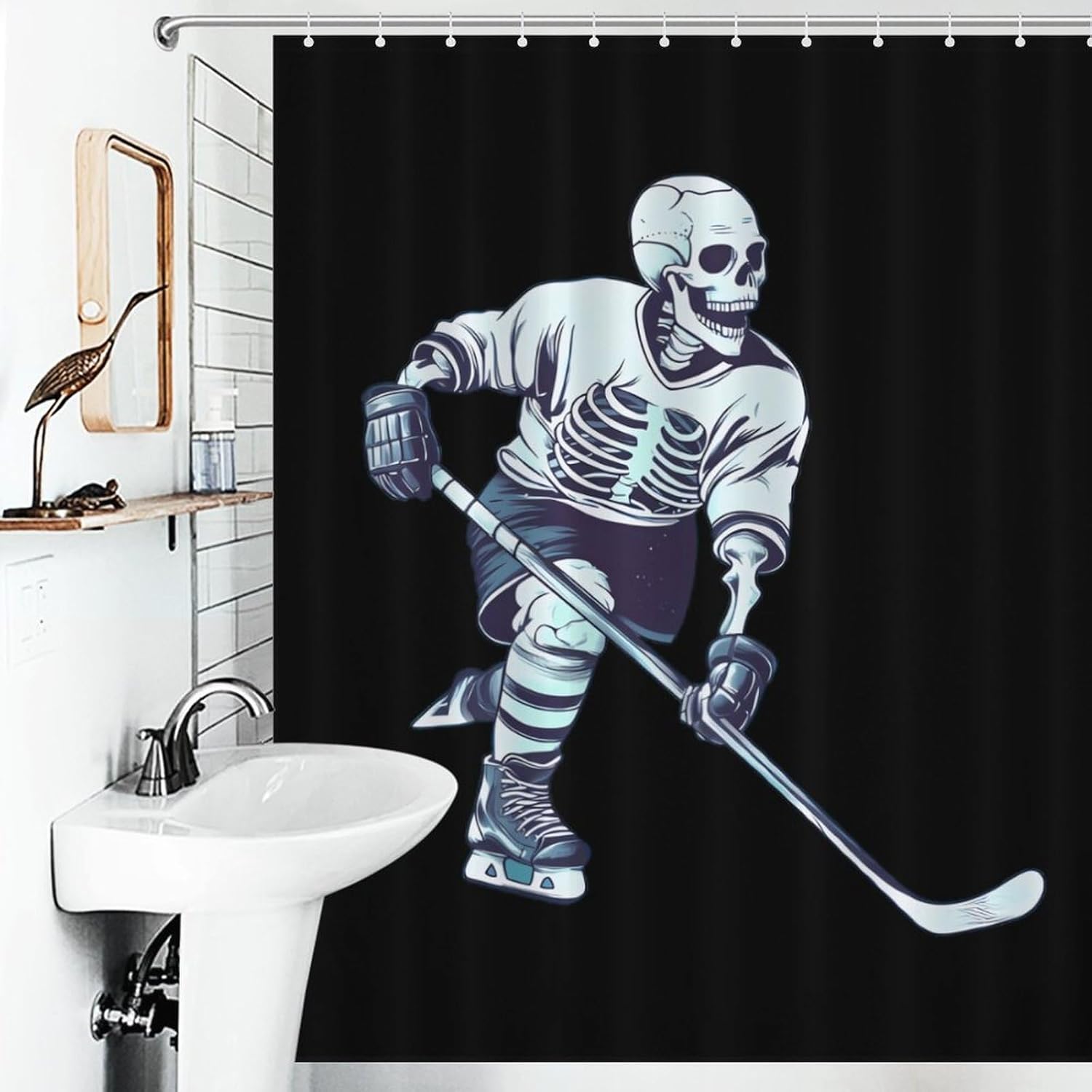 Skeleton Hockey Player Funny Shower Curtains Washable Bath Curtain Liner with Hooks for Bathroom Bath Tubs