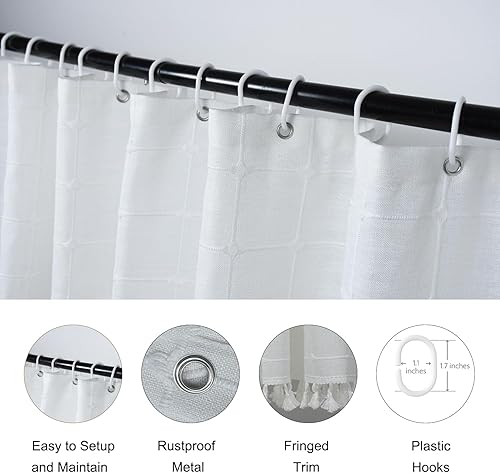 Miniatura 6 de Cortina de ducha blanca de granja, cortinas de ducha de tela de lino modernas y bohemias para baño, elegante y bonito juego de cortinas de baño