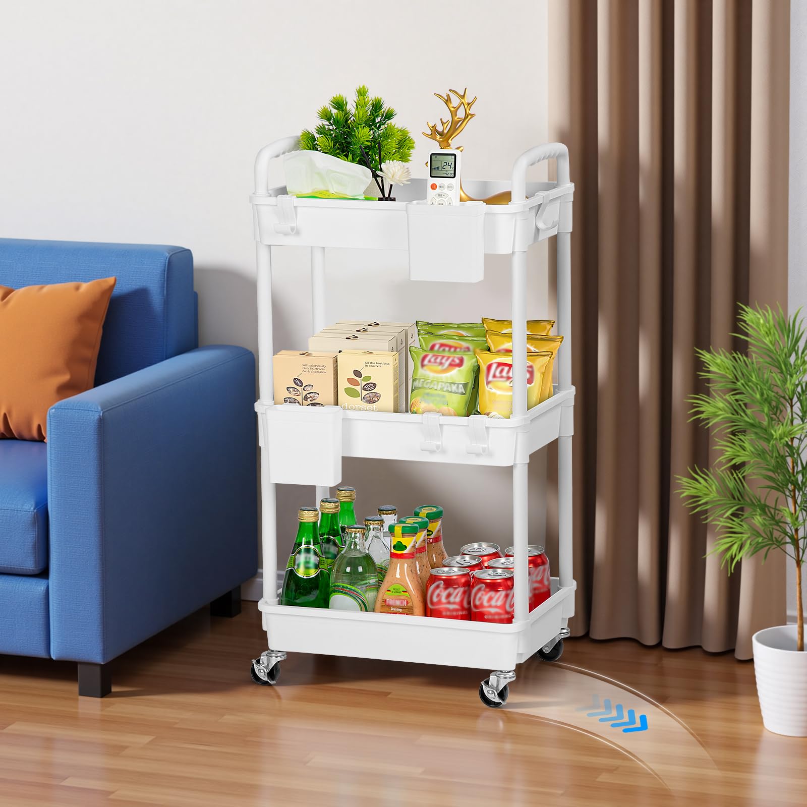 FoiiLiio Carrello Cucina a 3 Ripiani,Carrello portaoggetti,Carrellino con Ruote Portatutto con 2 Piccoli Organizzatori,Stoccaggio Carrello,Portaoggetti Multifunzionale per Bagno,Ufficio,Bianca