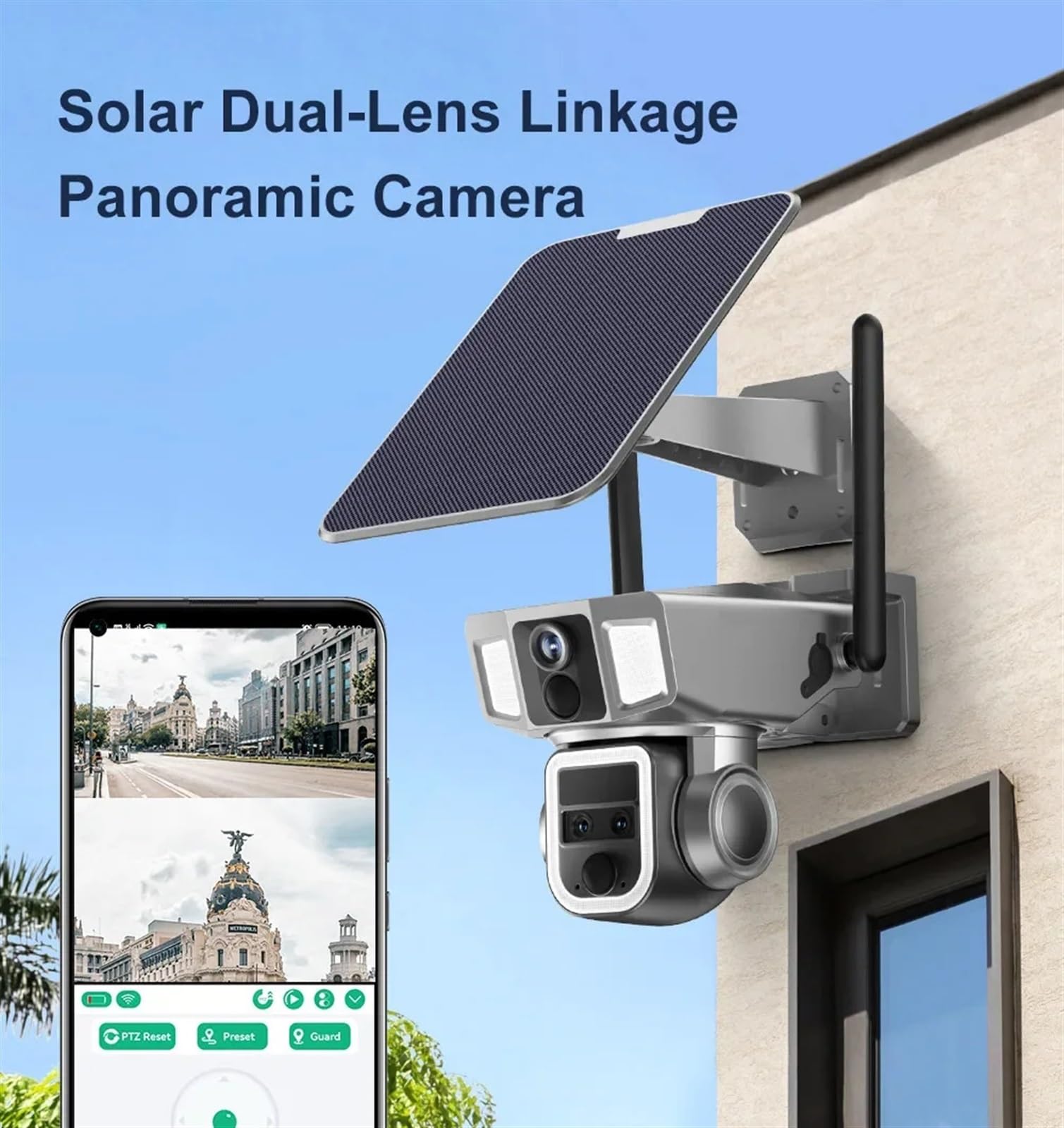 Cámara de Seguridad, Cámara Solar 2 en 1 4G y de Doble Pantalla for Exteriores, 4MP, Tres Lentes, detección PIR Dual, Zoom 10X, cámara CCTV Seguimiento automático(4G WiFi 32GB Card)