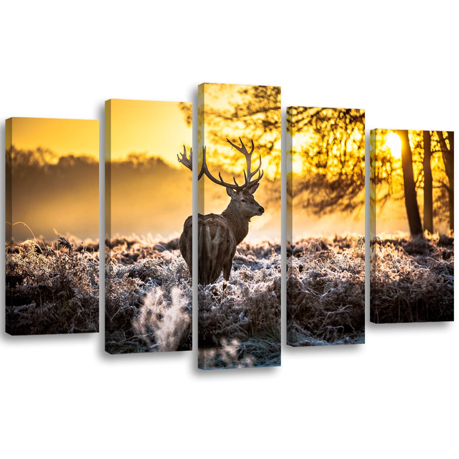 Feeby Bilder Hirsch Wald Nebel XXL 200x100 cm 5 Teilig Wohnzimmer Schlafzimmer Modern Wandbilder Leinwandbilder Bild auf Leinwand Kunstdruck Wanddeko Design Sonnenuntergang Landschaft Natur Orange