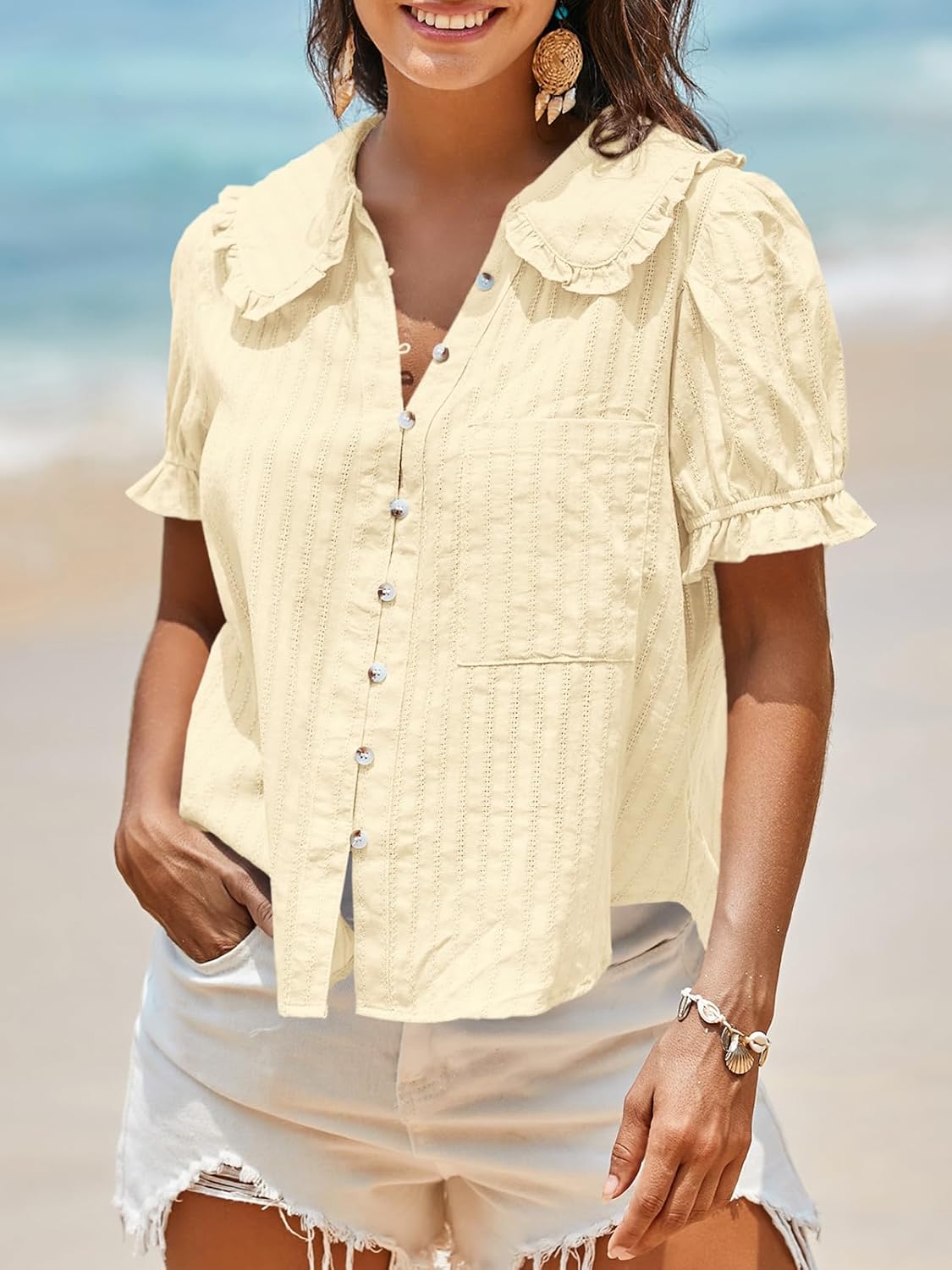 Tankaneo Womens Puff Sleeve Shirts Peter Pan Collar Button Down Cotton Blouse Casual Summer Textured Tops - Image 3