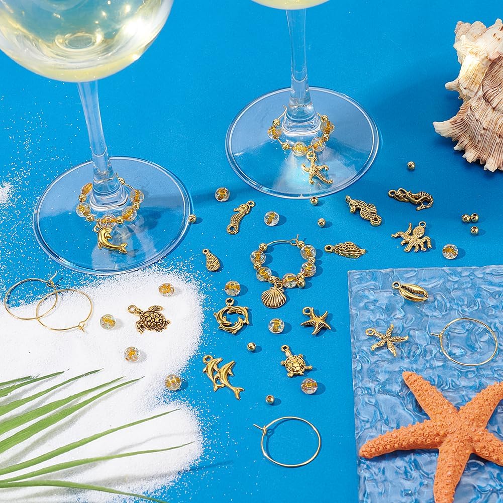PH PandaHall 60 Sets Wine Glass Charms, Alphabet Wine Glass Markers Ocean Pendants Golden Beads Cup Tag Ring Drink Identifiers for Stem Glasses Cocktail Champagne Party Favors Decor