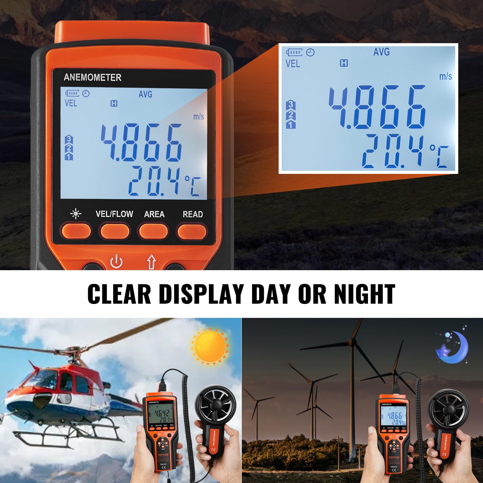 VEVOR Anémomètre Portable -10℃ à 60℃ Mesureur Numérique Vitesse du Vent CFM, Mesure Température du Vent, Flux d'Air, Refroidissement Éolien avec Écran Rétroéclairé LED pour Voile Surf Drone Vol CVC