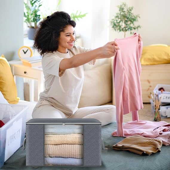 ASelected 3 Pack Clothes Storage Bag, 60L Underbed Storage Boxes with Lids, Foldable Moving Boxes with Clear Window Storage for Clothes Duvets Blankets Bedding