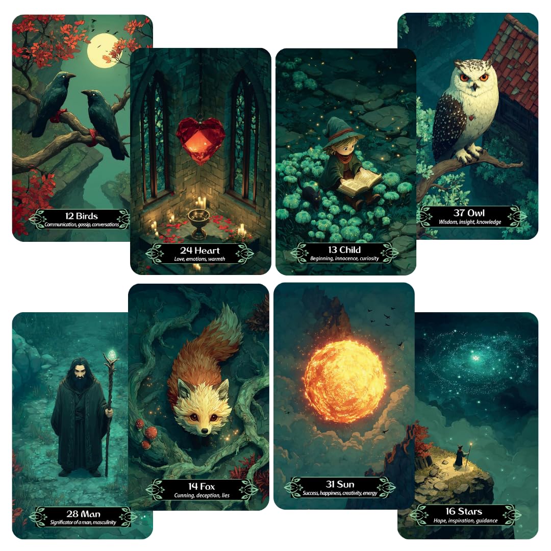 CRAFTERIAN Emerald Night Oracle Deck – 36 Lenormand Cards with 14 Bonus Cards, Emerald Foil Edges, Fantasy Oracle Artwork, Premium Cardstock, Gift Box