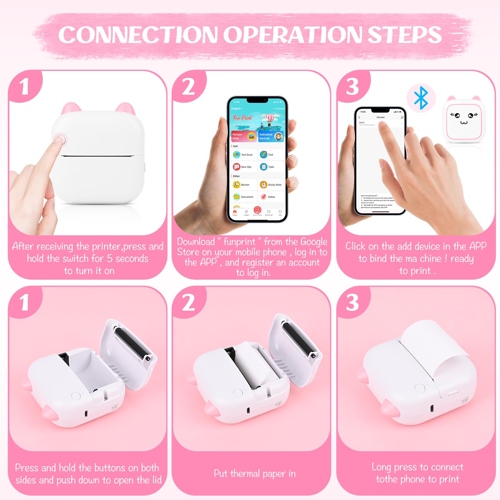 Comius Sharp Mini Stampante Termica, Stampante Fotografica Wireless Bluetooth, Stampante Portatile Tascabile Senza Inchiostro con carta termica, Stampante in bianco e nero di piccole (C)