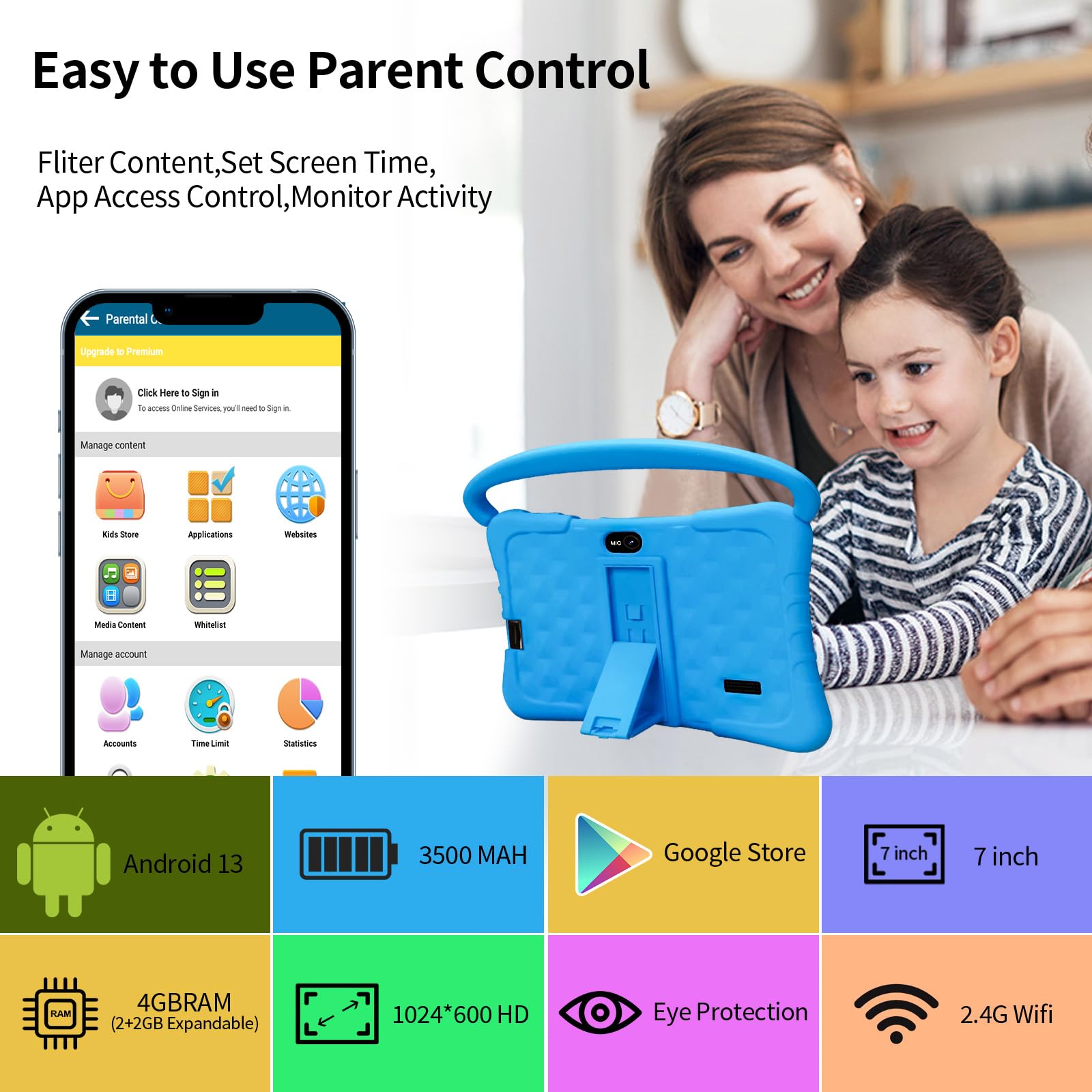 Tablet per bambini da 7 pollici, 32 GB, Android 13 con WiFi, doppia fotocamera, istruzione, giochi, software per bambini preinstallato, tablet PC con filtri per età, controllo genitori (blu)