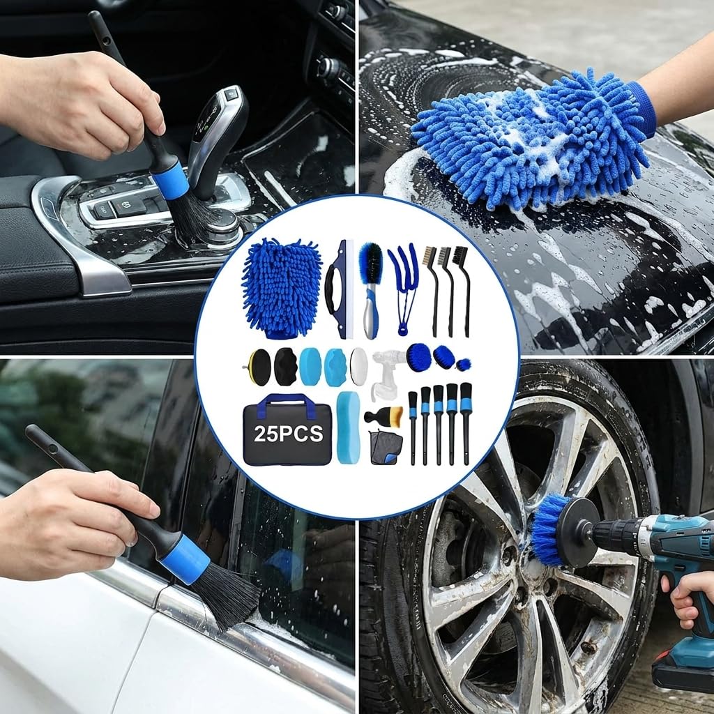 Auto Reinigungsset Manuell, Bohrmaschine | Waschhandschuh - Mikrofasertücher - Polierschwämme - Abzieher - Detailbürsten - für die Reinigung