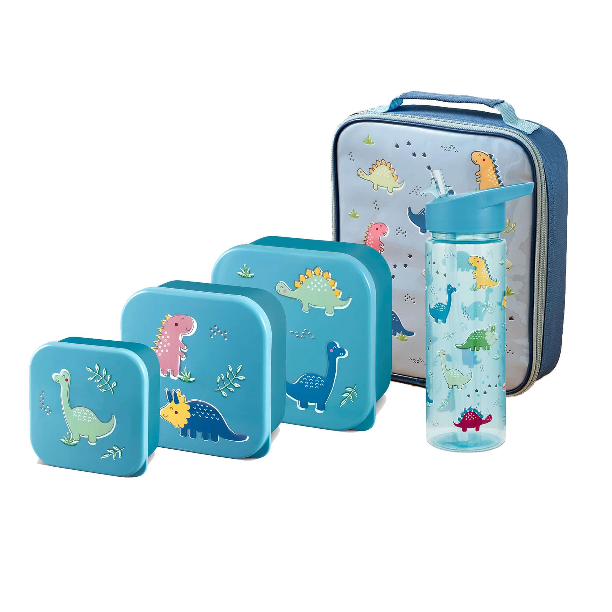 Boys Lunch Bag Set, Dino Straw Sipper, 3 Pack Nested Boxes, Tiny to Tots Unisex Multicompartment Storage School Lunch Food Set, 500ml Water Bottle (Dino Nested Boxes + Lunch Bag + Straw Sipper) — image 1