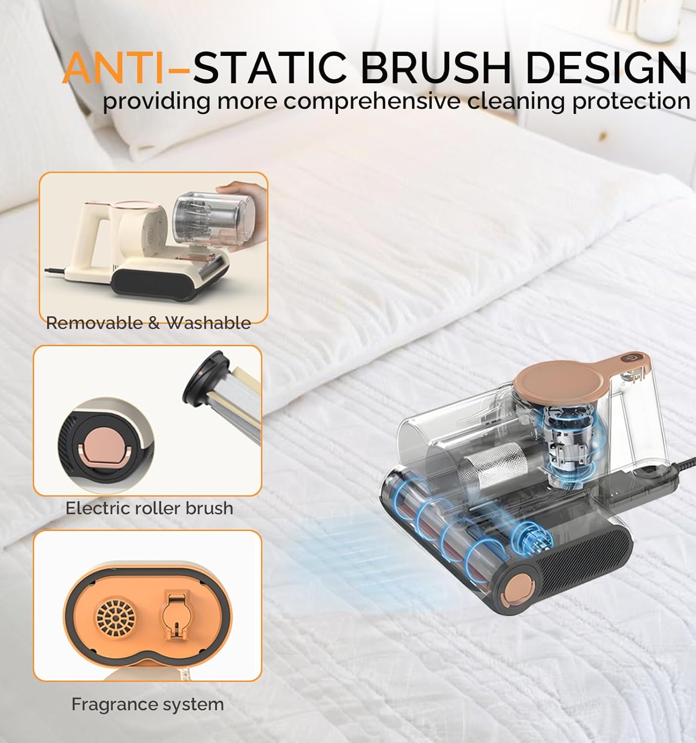 Vacuum Bed Cleaner, 500W, 16Kpa Suction, HEPA Filter, UV-C Light, 30000 RPM Brushroll, Ultrasonic Tech, Widened Suction Port, Corded