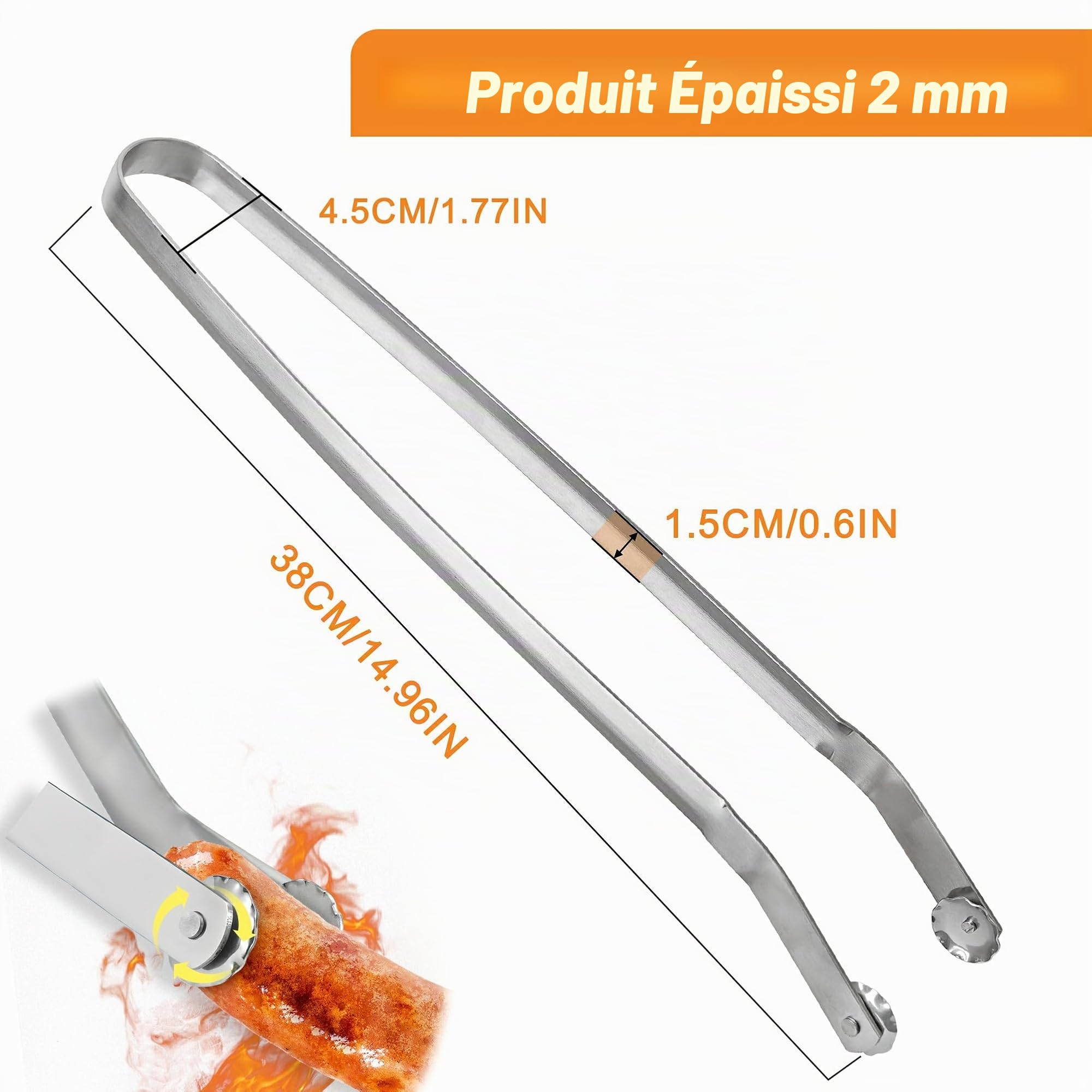 Hysenm Lot de 2 pinces à saucisses BBQ en acier inoxydable à long manche pour griller et retourner