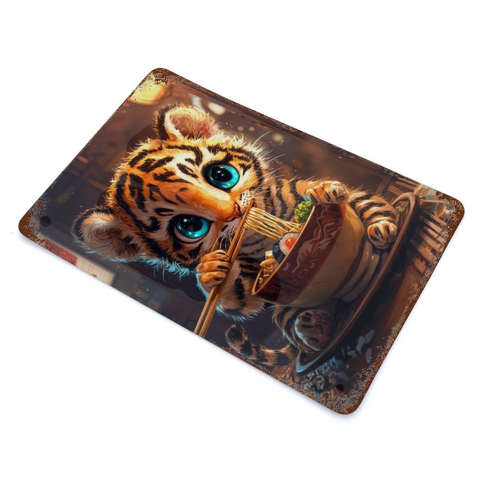 Rustic Tin Plaque with Cute Tiger Eating Ramen Design 11.8"x7.9", for Cafe, Home Bar And Lounge Decor, Industrial Home Decor