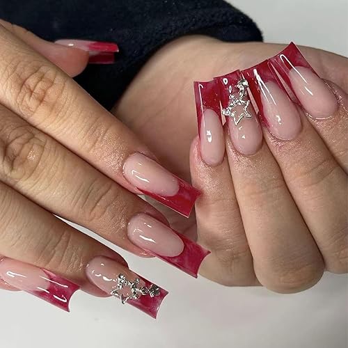 24 uñas postizas a presión con punta francesa, uñas postizas de ataúd de punta francesa, uñas largas color rosa nude, uñas postizas con puntas de