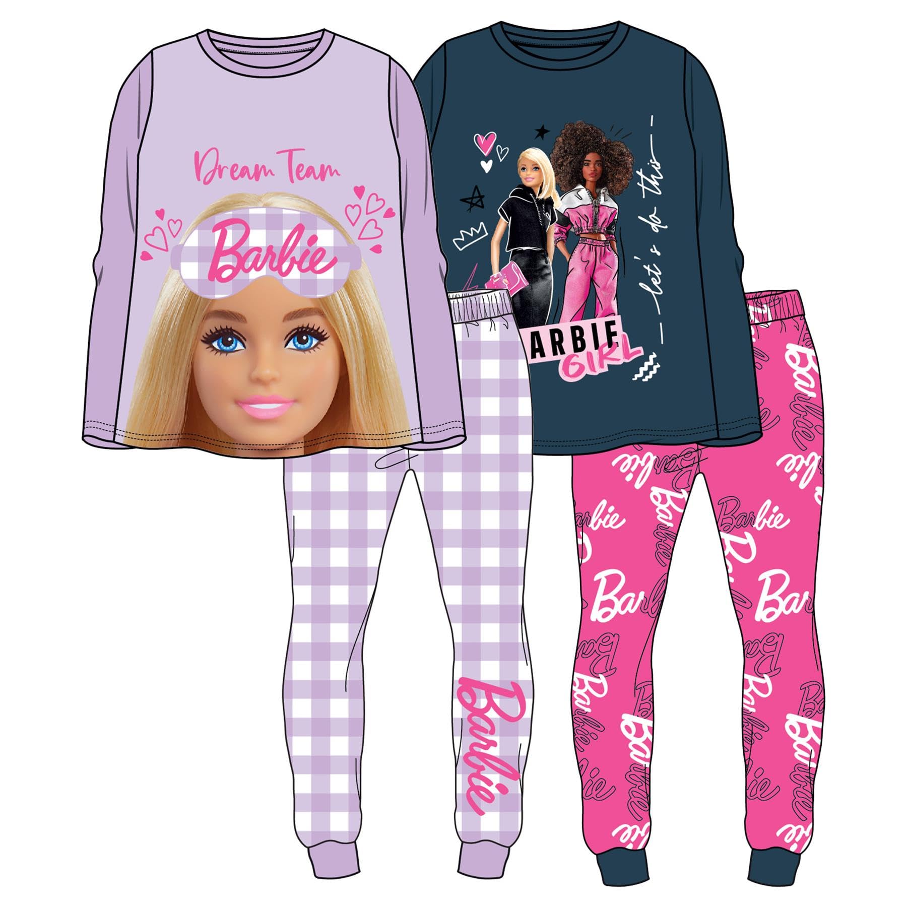 Barbie Set pigiama per bambini, confezione da 2, design Dream Team & Let's Do This | Biancheria da notte super morbida in 100% cotone | Elastico in vita e pantaloni con risvolto | Disponibile nelle