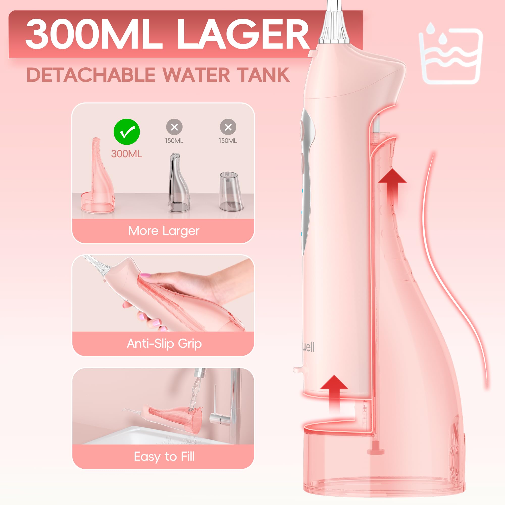 Mornwell Irrigador Dental, Irrigador Bucal Portátil para Dientes con Depósito, 4 Boquillas para Viaje y Familia, USB Recargable (Rosa)