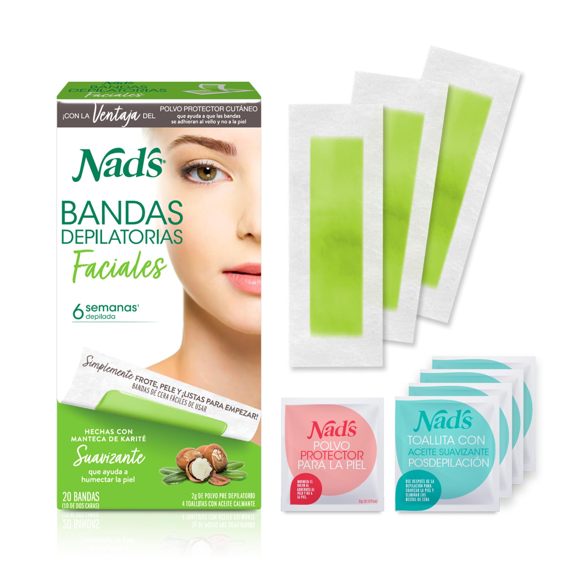 Nad's Tiras de Cera Facial - Hipoalergénicas - Depilación Facial para Mujeres - Kit de Depilación en Casa con 20 Tiras de Cera + 4 Toallitas Calmantes de Aceite + Polvo Protector de la Piel
