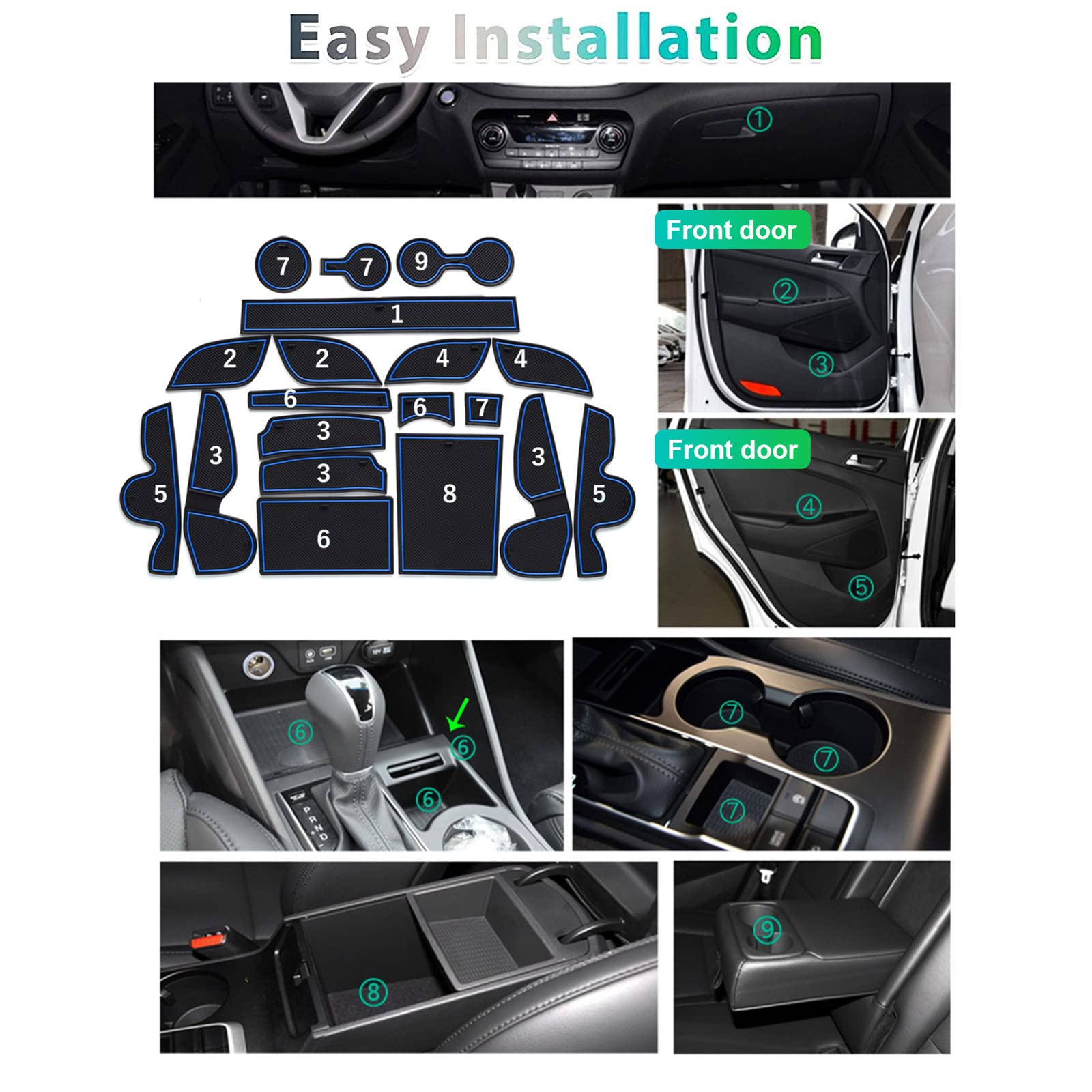 GAFAT 2015-2020 Tucson (Trasmissione Automatica) Tappetini Antiscivolo in Gomma per Console Centrale, Porta Bicchiere, Slot Portiera (Blu)