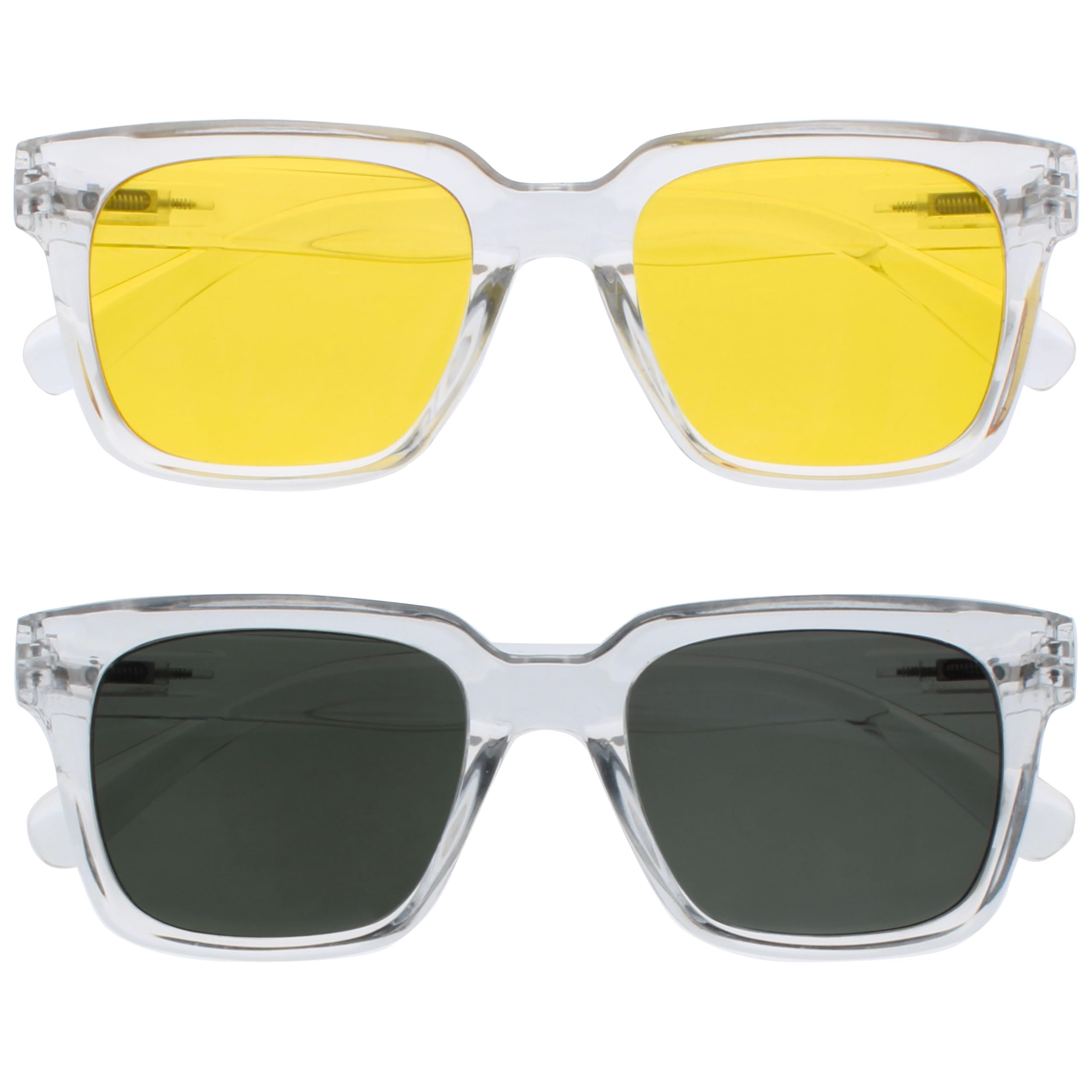 OPULIZE ERA Sunglasses for Women & Men- Yellow/Green Lens-Anti-Glare- Polarised Lenses With UV400 Protection- Oversized Rectangular Frame- Spring Hinges- Clear(Pack 2 of with 2 Pouches)