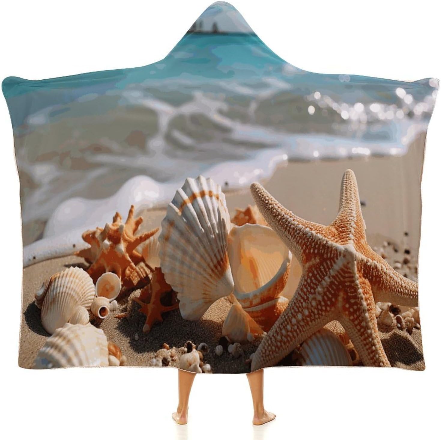 Seashells Starfish on Beach Wearable Hooded Blanket, Ultra Soft Arctic Velvet Cape Cloak Unisex - Cozy Wearable Blanket