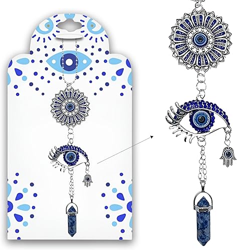 Miniatura 11 de LUCKBOOSTIUM Adorno plateado contra el mal de ojo con cadena de bolas con cristal azul, mano de Hamsa, piedra colgante – para buena suerte y Piedra