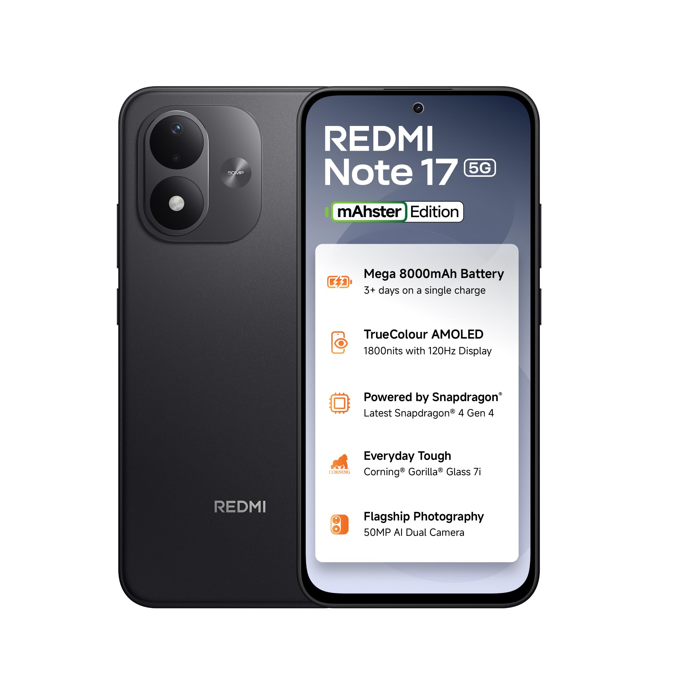 Redmi Note 17 5G (Dark Night, 8GB RAM, 128GB ROM) | 8000mAh Battery + 45W Fast Charging | 6.99" TrueColour AMOLED | Snapdragon 4 Gen 4 | 50MP Dual AI Camera | Corning® Gorilla® Glass 7i | IP65