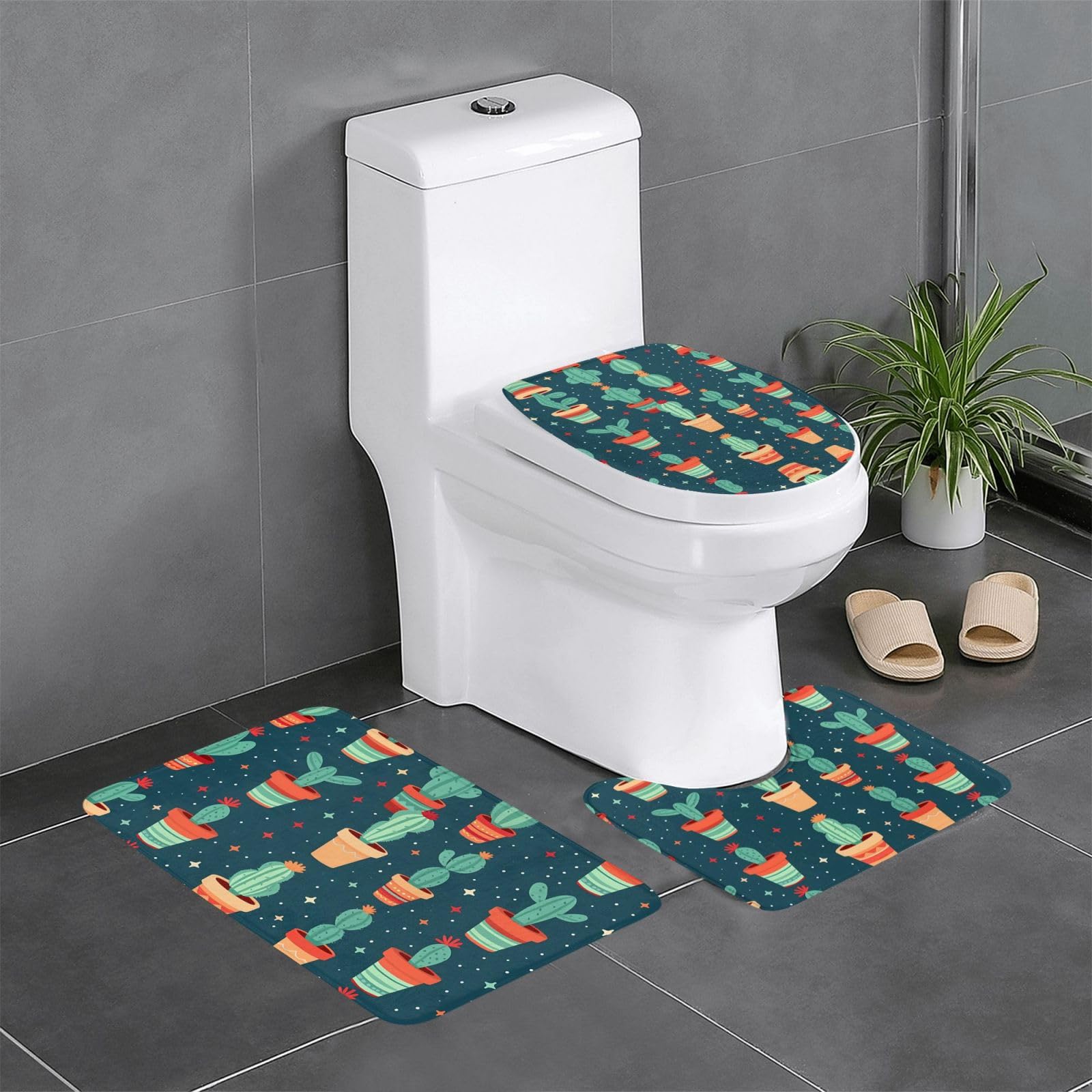 Tapis de salle de bain cactus émeraude lot de 3 pour wc