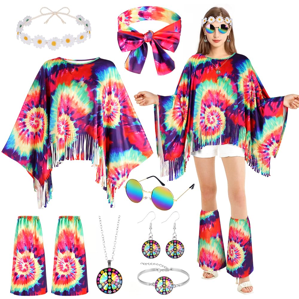 AOOWU Women's Hippie Costume, 10 Pieces Vintage Style 60s 70s Hippie Accessories, with Glasses Headband Years with Covers, Carnival Costume Halloween