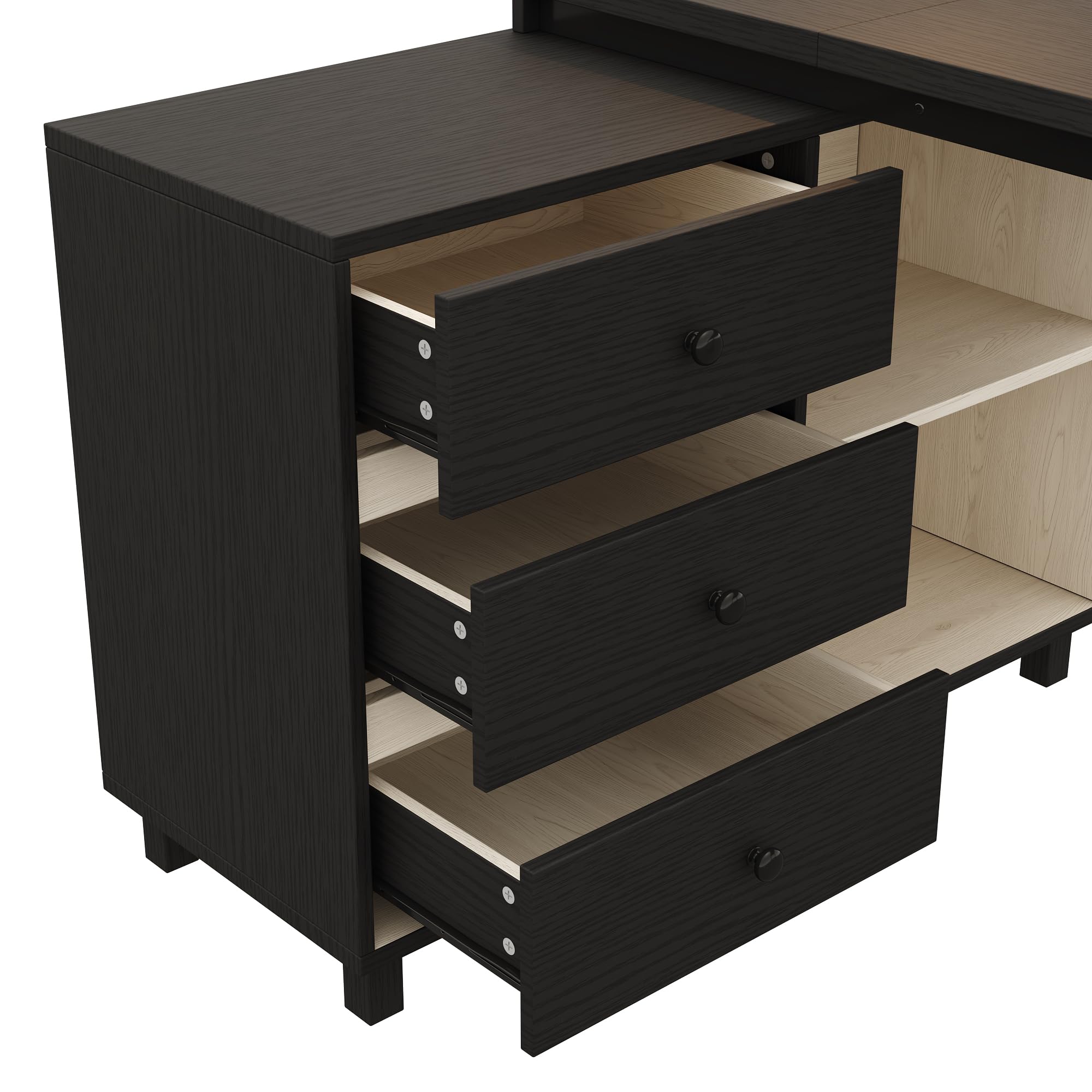 HAINEW Biurko komputerowe z 3 szufladami i 2 otwartymi półkami, narożne biurko w kształcie litery L do gabinetu, sypialni, salonu, 150 x 100 x 76 cm, czarne, HD26060301