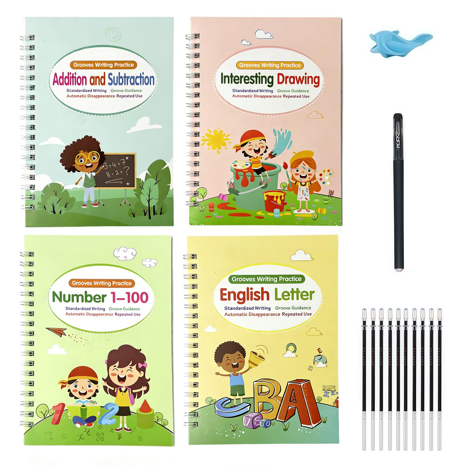 Cuaderno de ejercicios preescolar mágico, 4 unidades, cuaderno mágico con 1 bolígrafo y 10 minas de repuesto, libros de ejercicios reutilizables para alfabeto, números y matemáticas