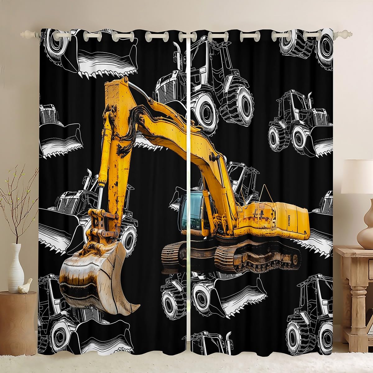 Boys Excavator Curtains Construction Truck Window Treatments For Kids Girls Children Bedroom Decor Cartoon Car Window Curtains Yellow Digger Thermal Insulated Window Drapes 2 Panels, Black 42