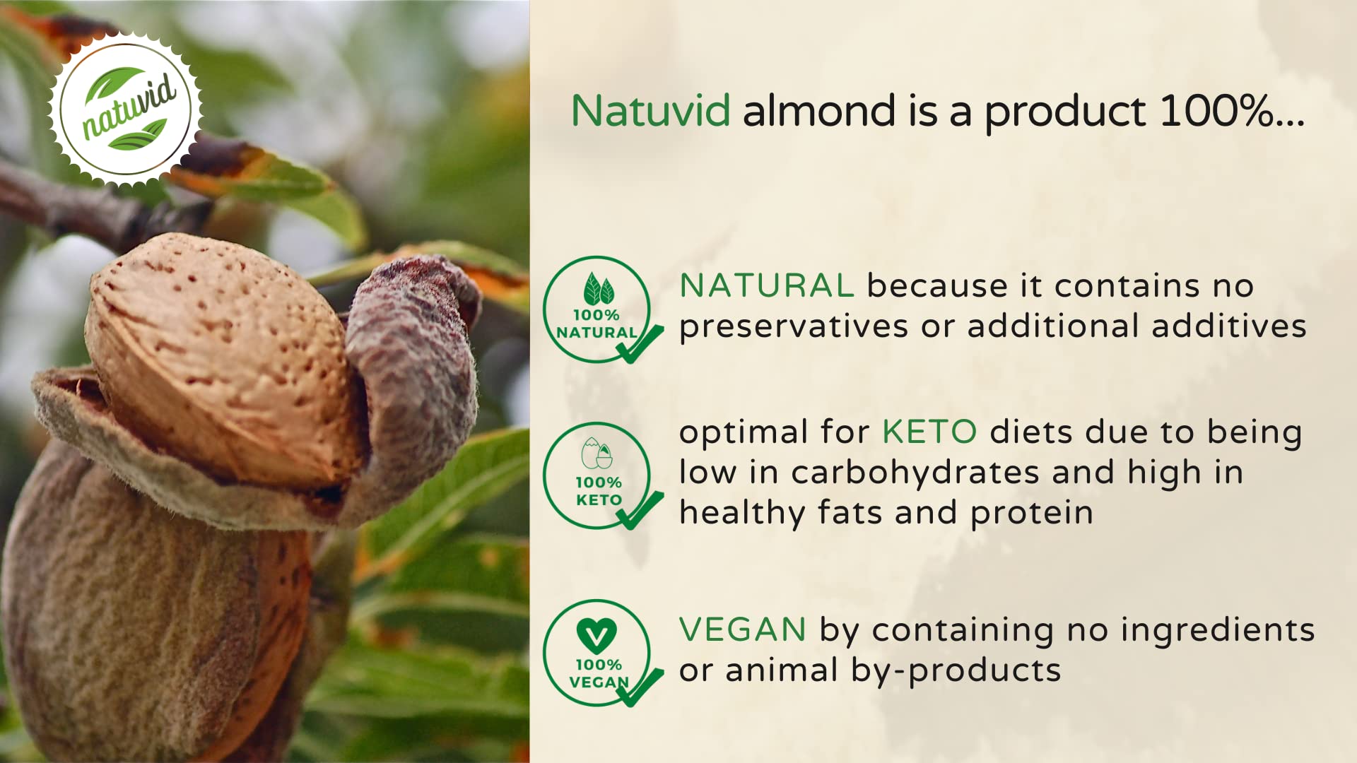 Almendra entera NATUVID California Premium 1Kg Vegana y Vegetariana