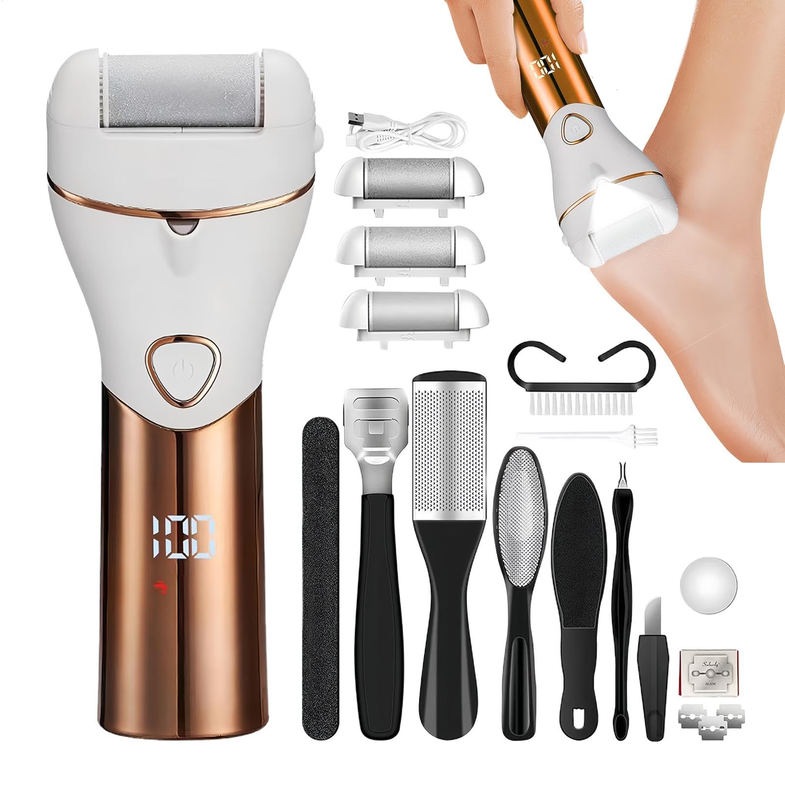 Removedor de callos para de pies, kit de pedicura eléctrico - Herramientas de pedicura para eliminar la piel muerta del depurador de pies,Herramienta para quitar callos de pies con 3