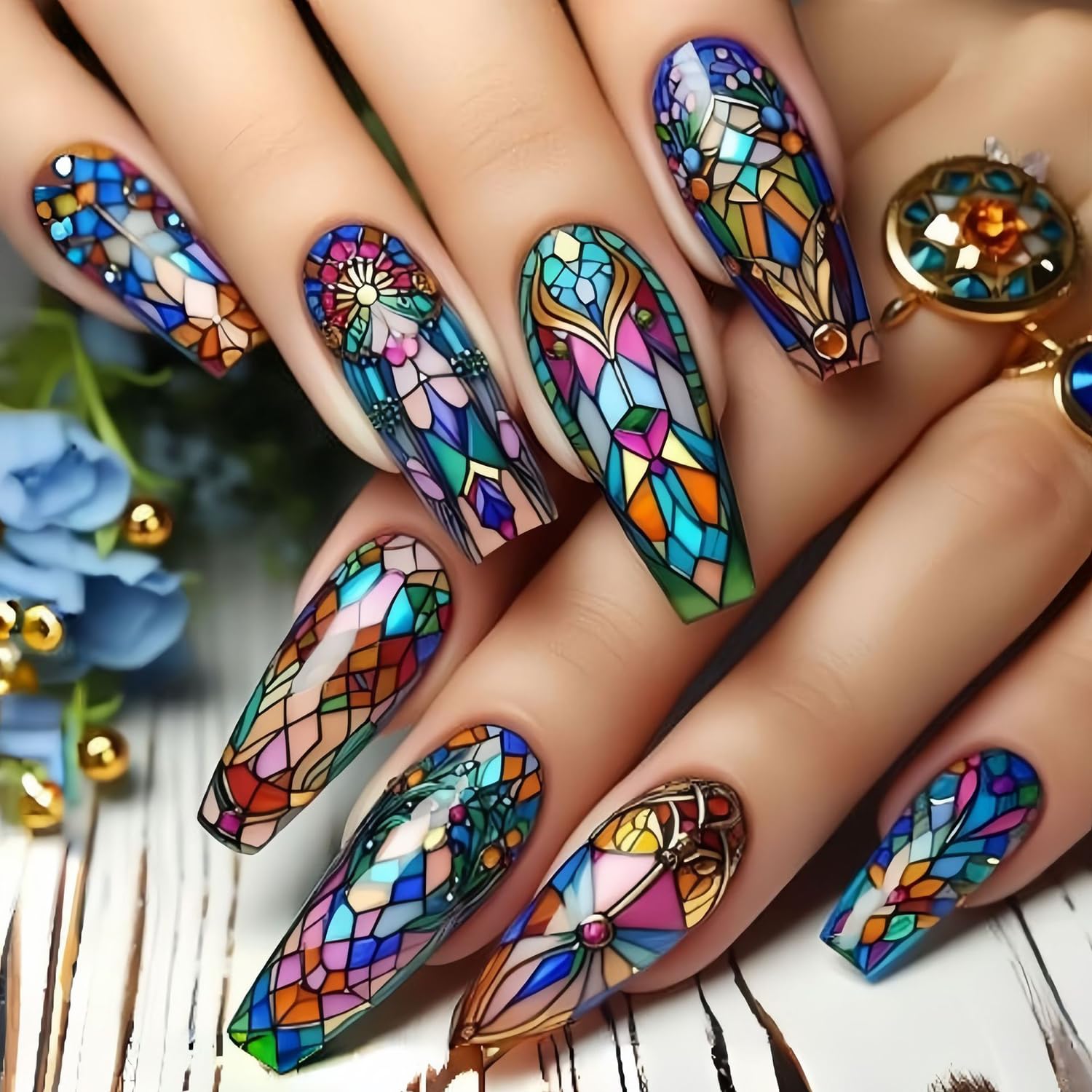 CJDLTS Colorful Geometry Press on Nails Long Ballet Shaped Full Cover Glossy Acrylic Press Ons Fake Nail Ballet Artificial Stick on Nail DIY Reusable