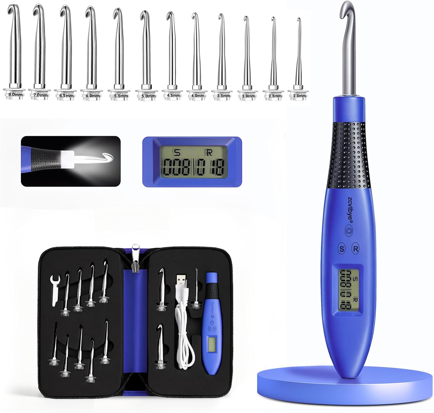 Transplant Sayma Tığ Kanca Seti - 12 Farklı Boyutta Değiştirilebilir İğne, 2 Kademeli Ergonomik Kancalar ve Kroşe Örgü İçin Dijital Dikiş Sayacı