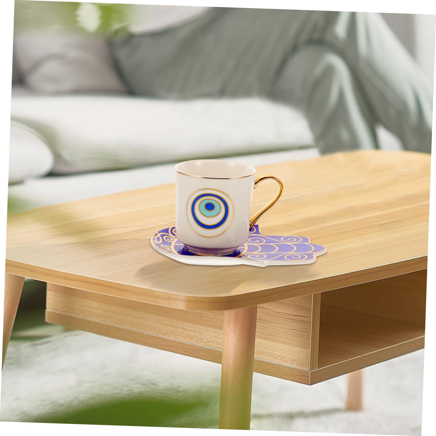 Veemoon 2 Juegos Taza de Café Azul Turca con Plato Set Apilable para Espresso Leche y Té Resistente y Ligero para Servir y Almacenar Bebidas Calientes